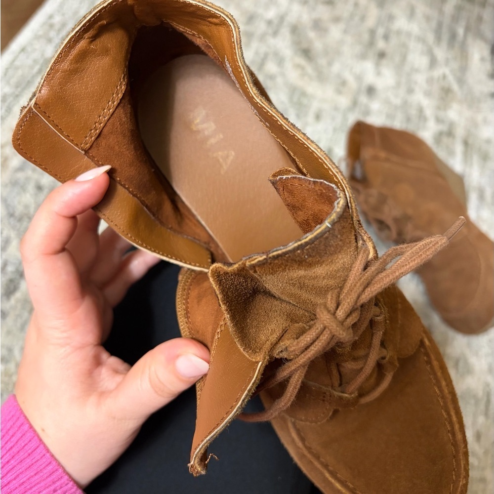 MIA Berdina Leather Wedge Ankle Boots Brown Suede Lace Up Side Zip Womens 9.5 - Picture 5 of 10